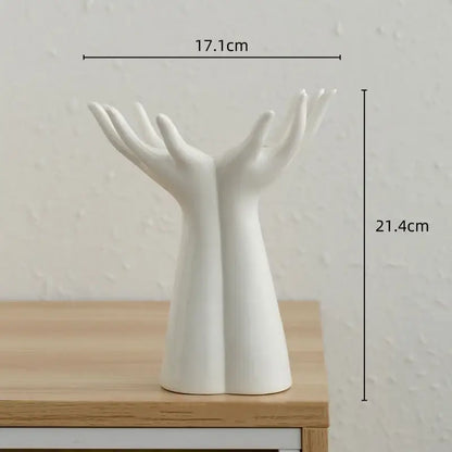 White ceramic DecorBites™ hand-painted ceramic flower vase shaped like clasped hands hand arm palm jewelry stand