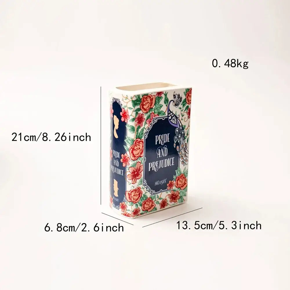 Decorbites hand-painted flower ceramic vase resembling pride and prejudice book cover with roses and peacock home decor