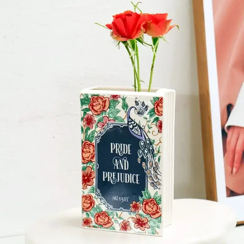 Decorbites™ hand-painted flower ceramic vase featuring a navy blue title panel and peacock design for home decor