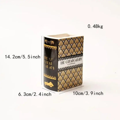 Decorbites™ hand-painted ceramic vase in miniature black and gold book shape with decorative fan pattern for home decor