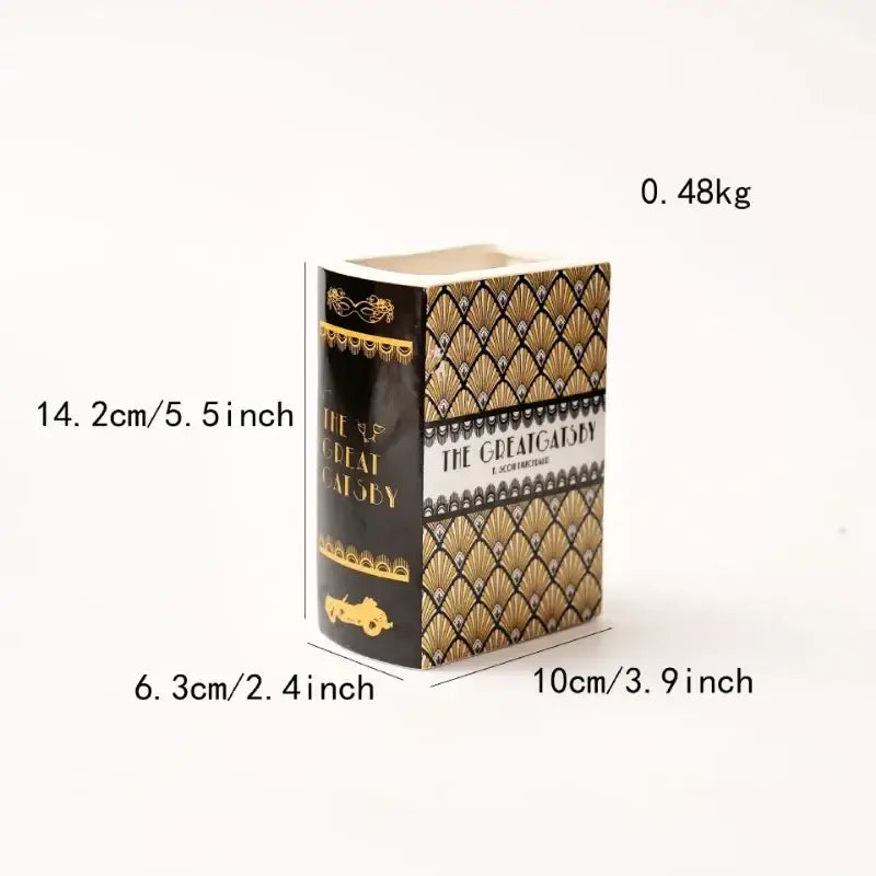 Decorbites™ hand-painted ceramic vase in miniature black and gold book shape with decorative fan pattern for home decor