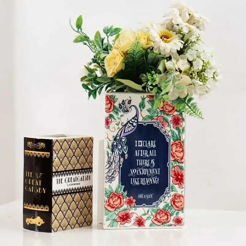 DecorBites™ hand-painted flower ceramic vase in navy blue with floral and peacock design for elegant home decor