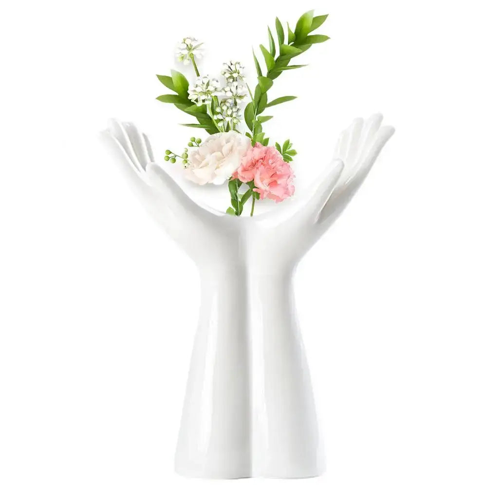 DecorBites™ hand shaped porcelain flower vase in white ceramic holding pink and white flowers for home decor