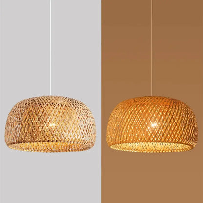 Decorbites hand-woven bamboo lantern pendant light with intricate lattice design and warm golden glow