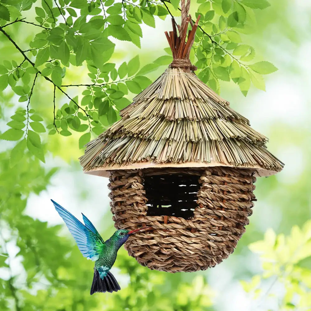 DecorBites™ handwoven hummingbird house with natural brown woven body and straw roof hanging as charming nest house