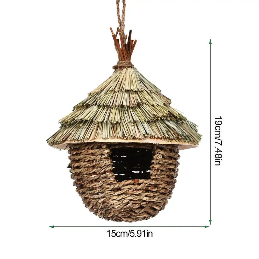 DecorBites hand-woven natural straw hummingbird house with thatched roof and hanging rope for garden decor