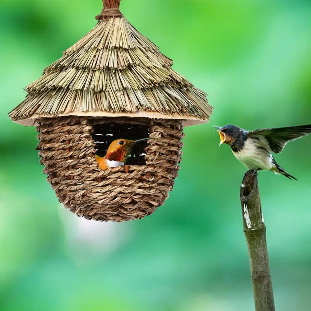 DecorBites™ handwoven hummingbird house with natural brown textured exterior and rustic straw roof for garden decor