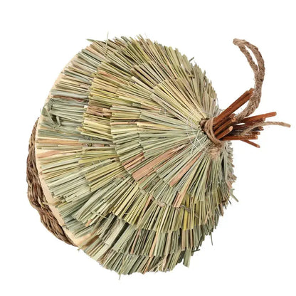 DecorBites™ hand-woven natural-colored hay hummingbird house with wicker base and twine handle for garden nest house