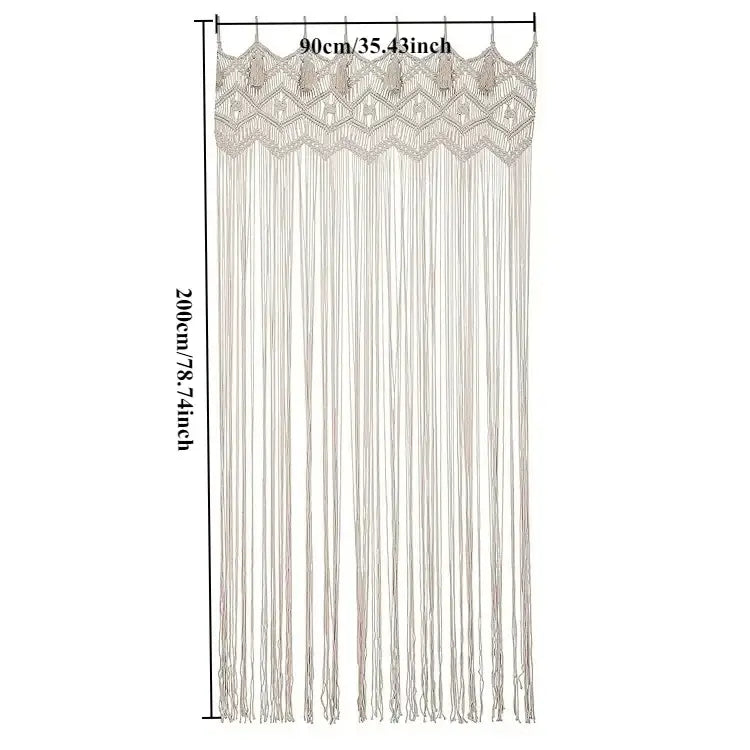 Beige decorbites hand-woven macrame door curtain with intricate patterns and tassels for home or wedding decor