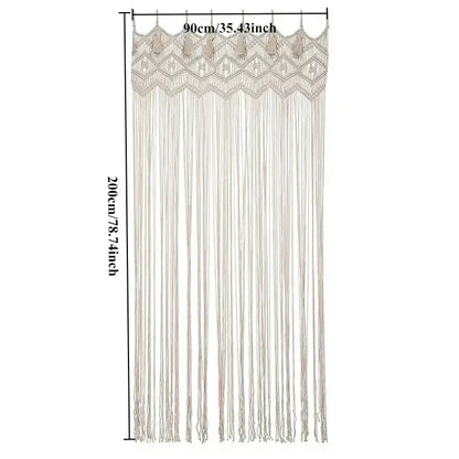 Beige decorbites hand-woven macrame door curtain with intricate patterns and tassels for home or wedding decor