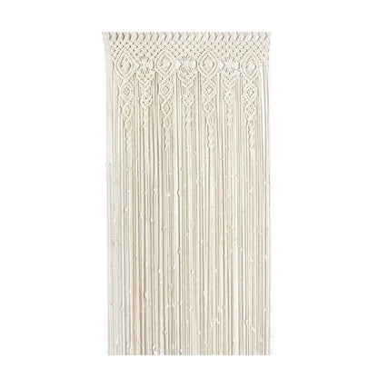 Cream-colored hand-woven macrame door curtain with intricate geometric patterns and hanging tassels for home decor