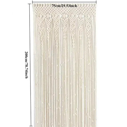 Cream-colored hand-woven decorbites™ macrame door curtain with intricate geometric patterns and hanging tassels for home decor