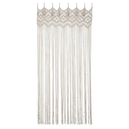 Beige hand-woven DecorBites™ macrame door curtain with intricate geometric patterns and long flowing fringe for home decor