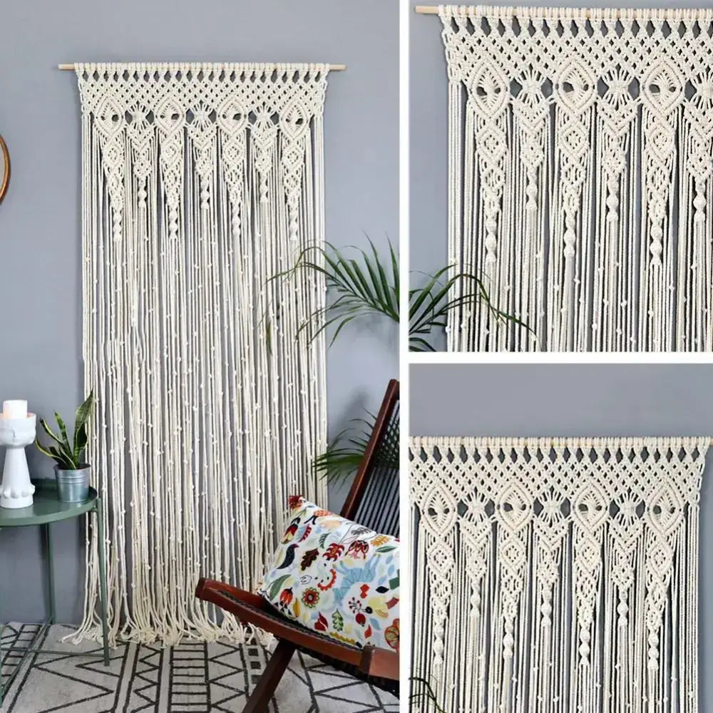 Cream-colored DecorBites™ hand-woven macrame door curtain with intricate geometric patterns and dangling fringe