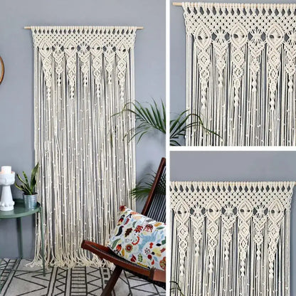 Cream-colored DecorBites™ hand-woven macrame door curtain with intricate geometric patterns and dangling fringe