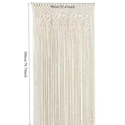 Cream-colored hand-woven macrame door curtain with intricate geometric patterns and hanging tassels for home decor