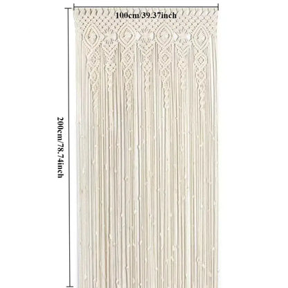 Cream-colored DecorBites™ hand-woven macrame door curtain with intricate patterns and hanging tassels for home decor