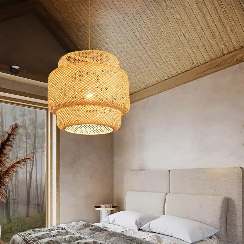 Decorbites handcrafted chinese bamboo pendant lamp warm tiered woven beige bamboo pendant lamp with lattice design