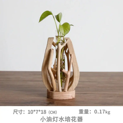 DecorBites™ handcrafted wooden vase light color with organic intertwined branches and central glass tube for home decor