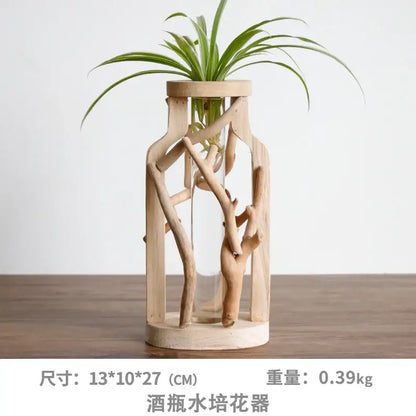 DecorBites handcrafted wooden vase features a rustic wooden frame and clear glass bottle for green home decor