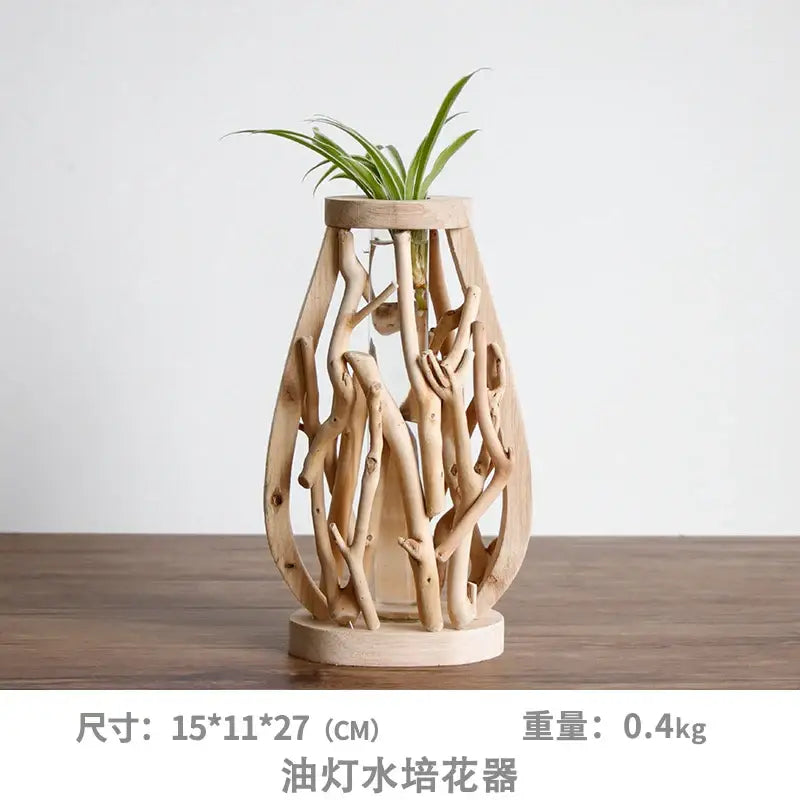 DecorBites handcrafted wooden vase made of light natural driftwood branches with circular base for creative home decor