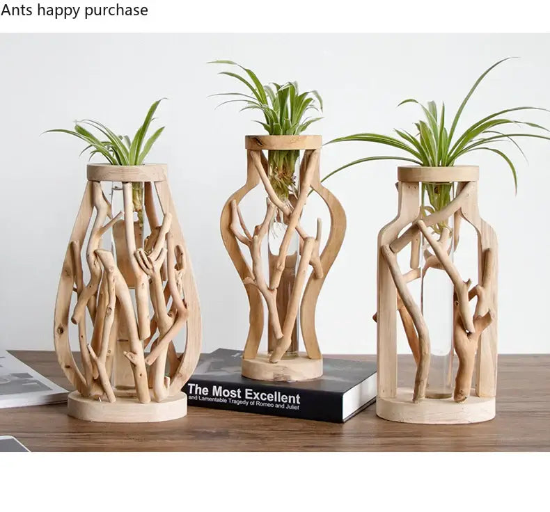 Three rustic handcrafted wooden vases with clear glass centers holding green spider plants for home decor
