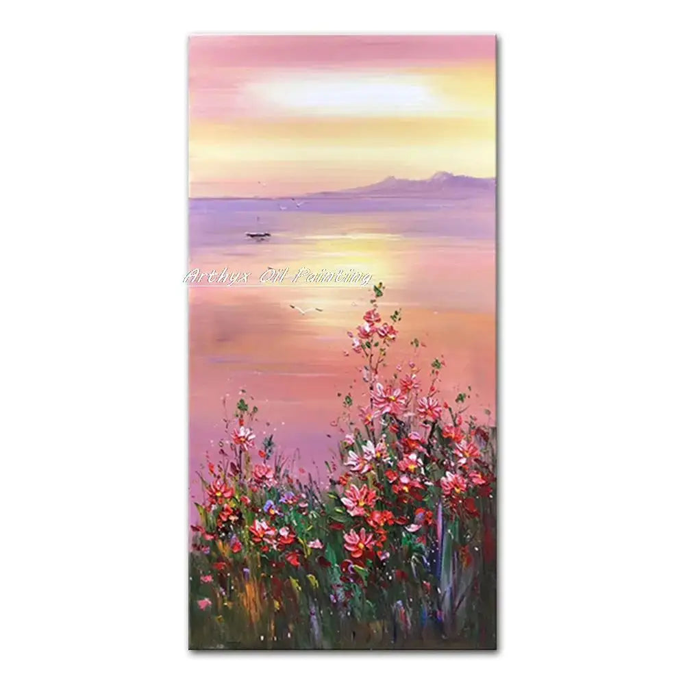 DecorBites™ handmade oil painting of abstract city landscape with pink orange sunset and wildflowers foreground