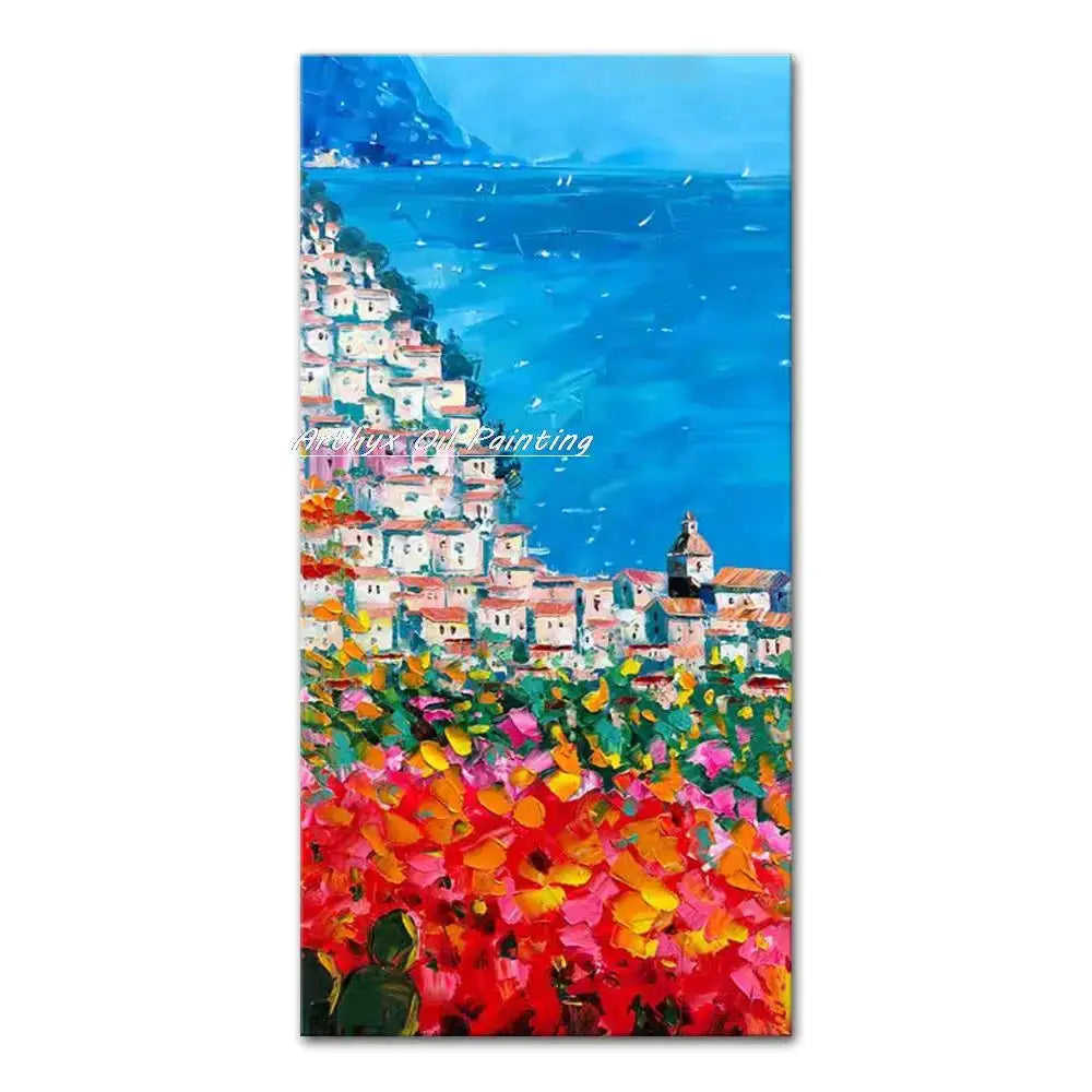DecorBites™ handmade abstract city oil painting featuring vibrant coastal village with white buildings and flowers