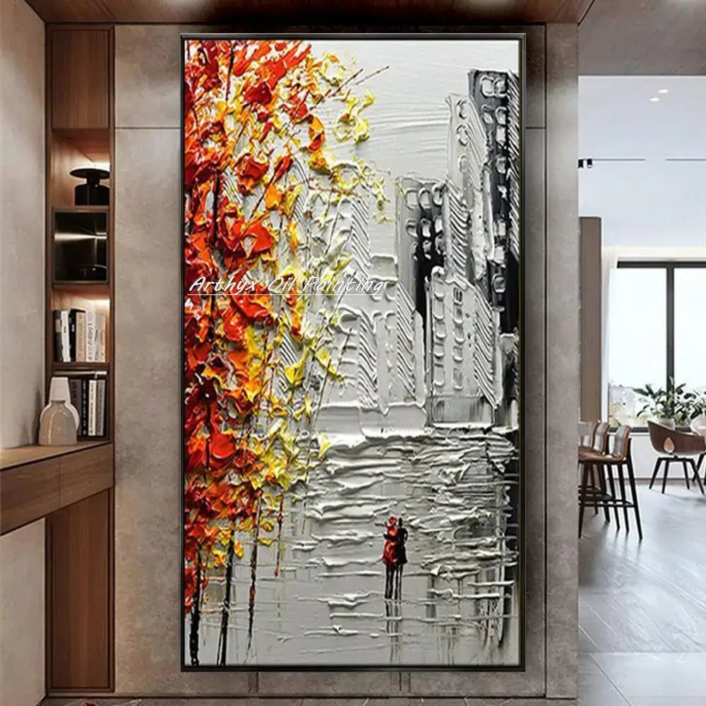 Decorbites™ handmade abstract city oil painting features vibrant orange and yellow textured tree in 3d city landscape