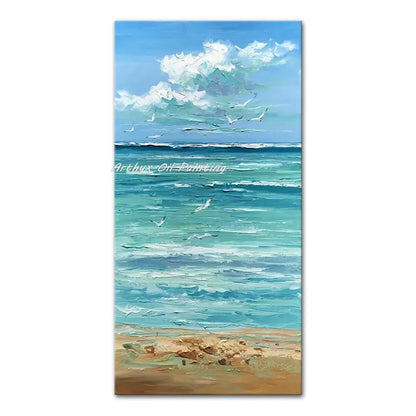 Decorbites™ handmade oil painting featuring a textured turquoise beach scene with seagulls in flight and sandy shores