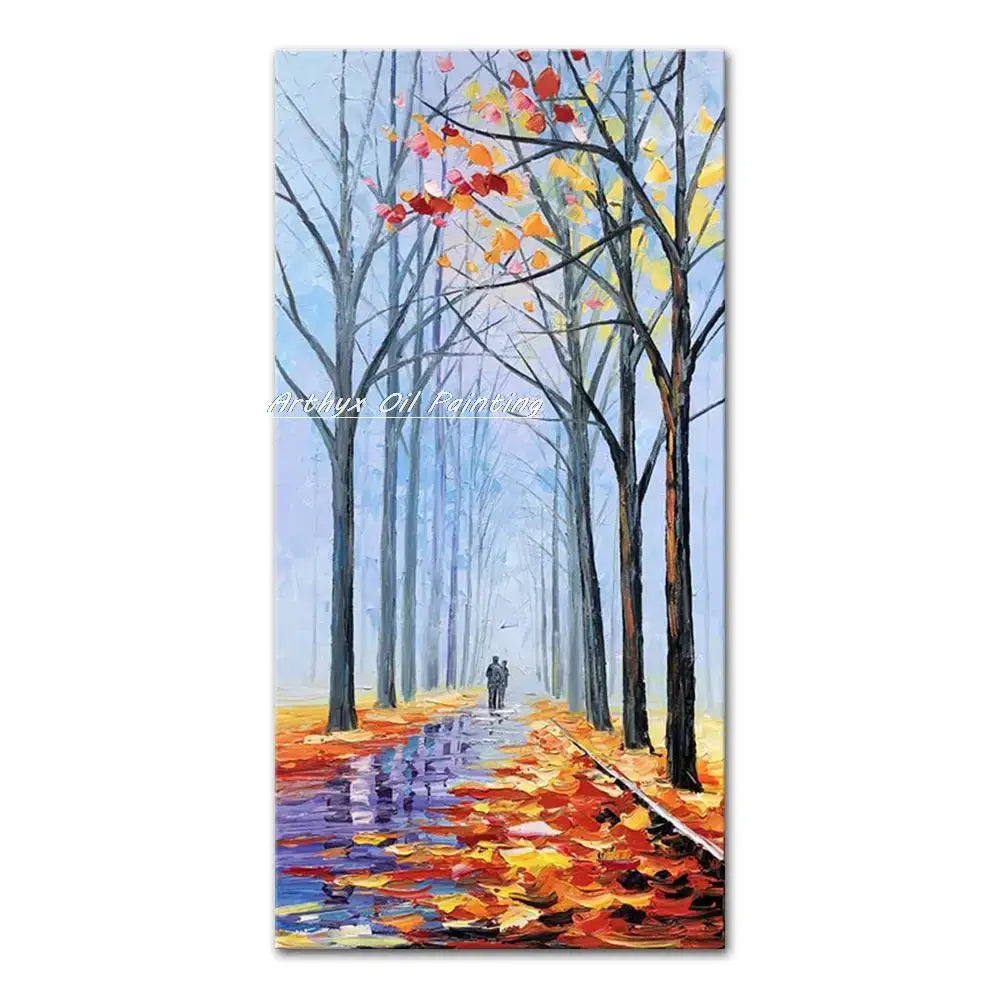 Decorbites™ handmade abstract city oil painting of vibrant autumn landscape with colorful fallen leaves and misty path