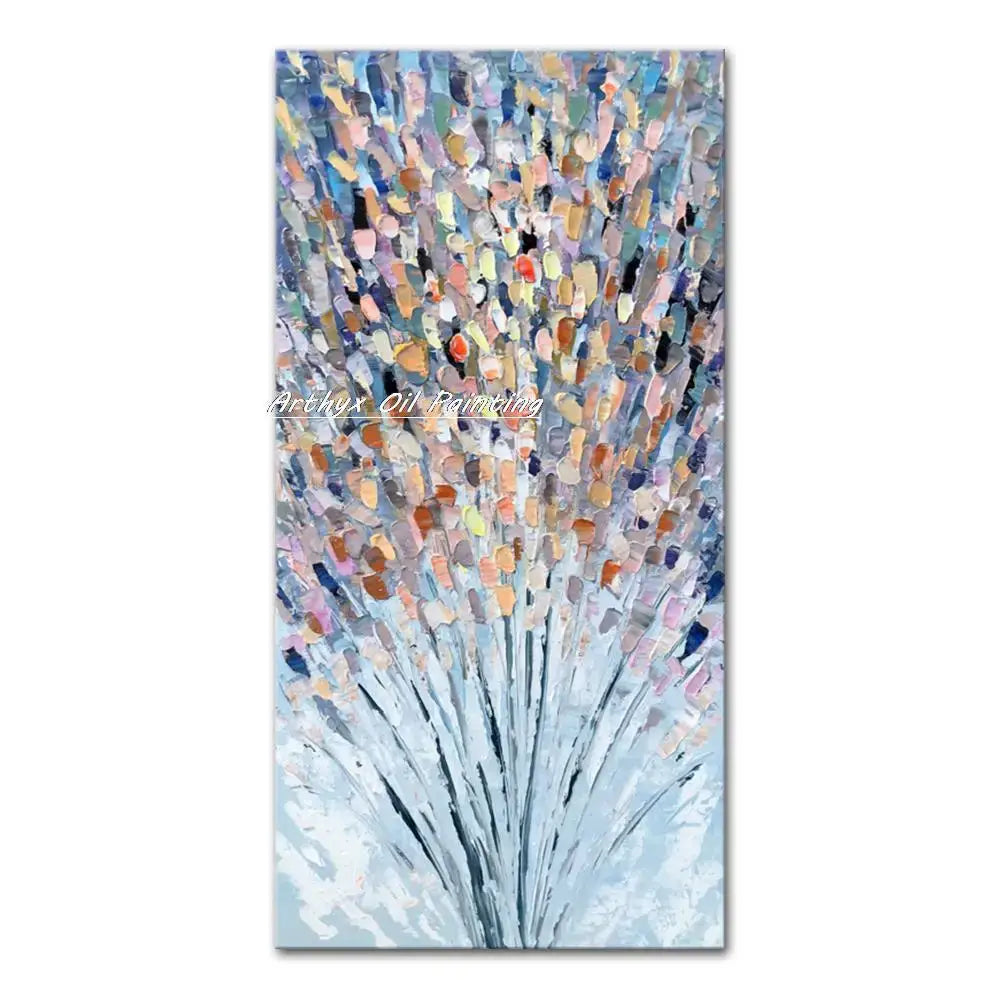 DecorBites handmade abstract city oil painting with vibrant textured blue orange pink and beige brushstrokes on light background