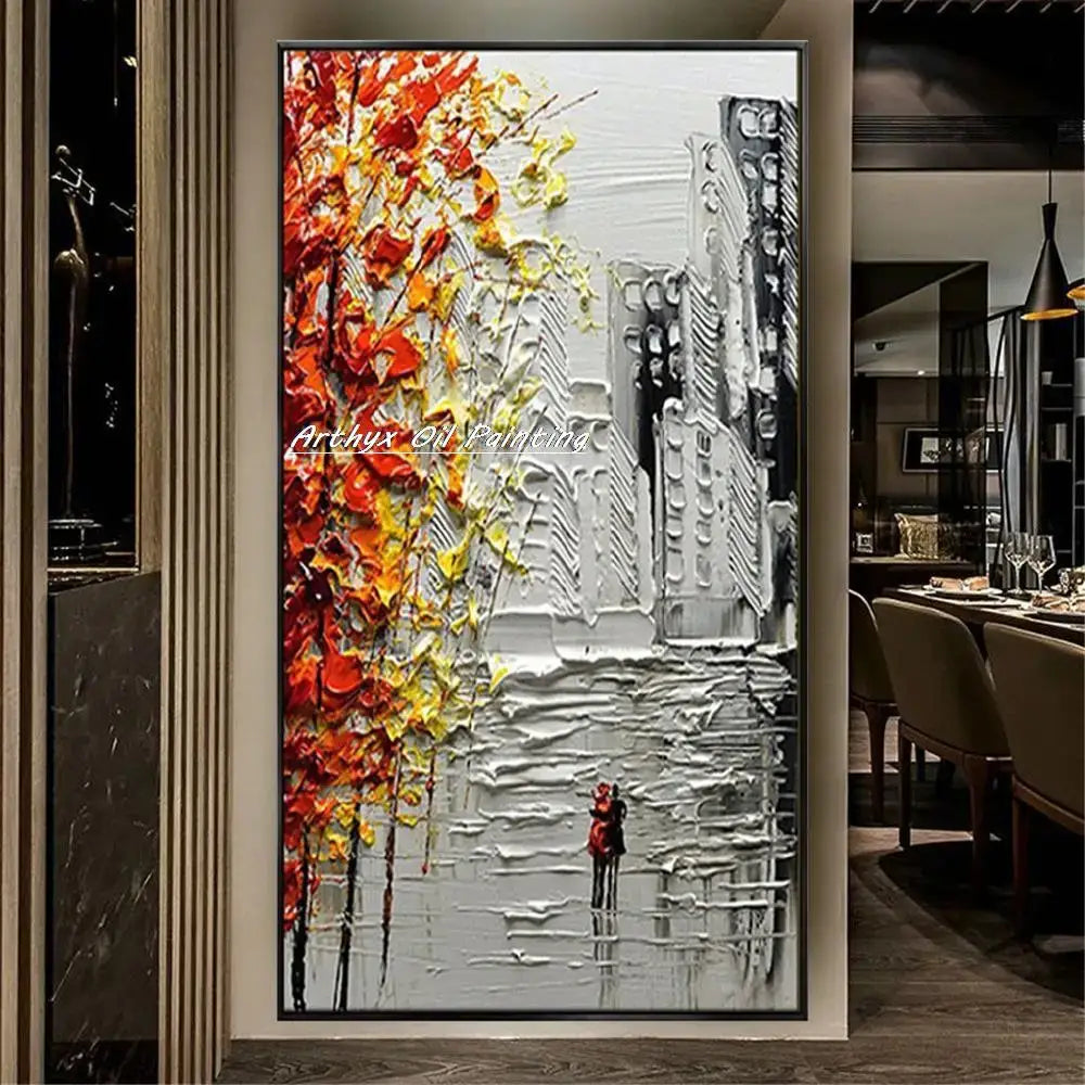 DecorBites™ handmade abstract city oil painting features vibrant orange and yellow autumn leaves over a monochrome cityscape
