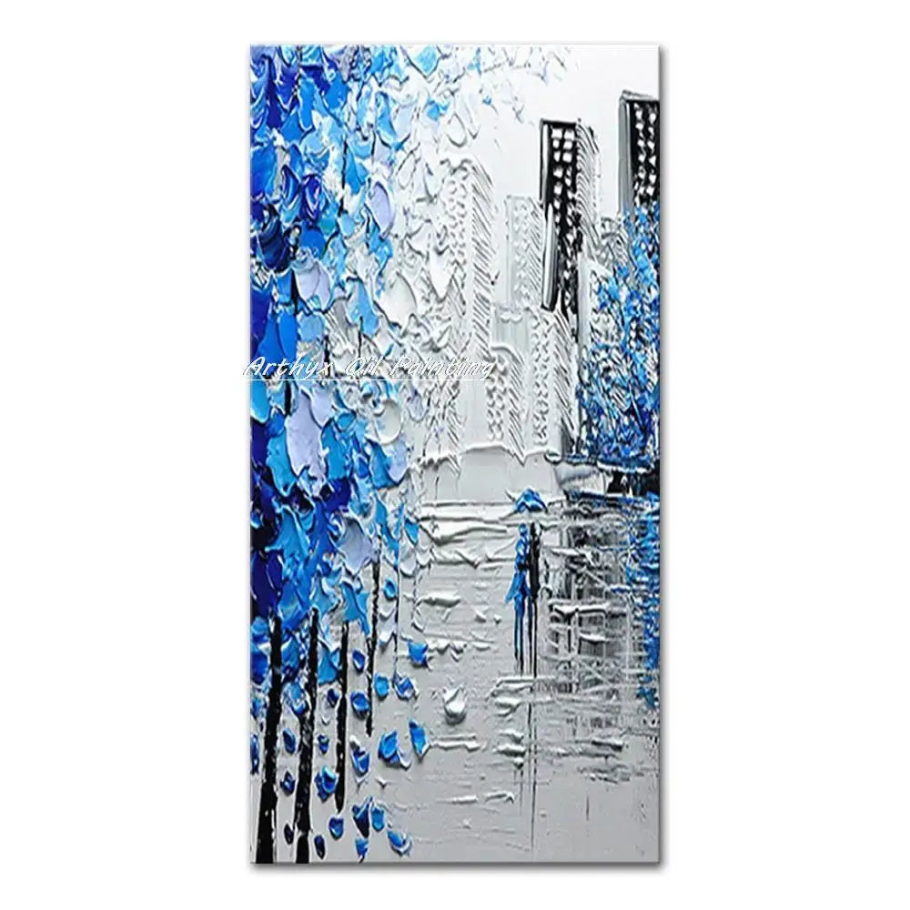 Decorbites™ handmade abstract city oil painting with textured blue white brushstrokes and black building silhouettes for wall art