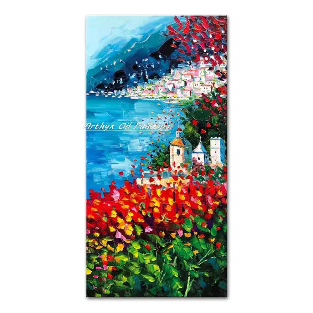 Decorbites™ handmade abstract city oil painting of vibrant coastal village with bold colors and textured brushstrokes