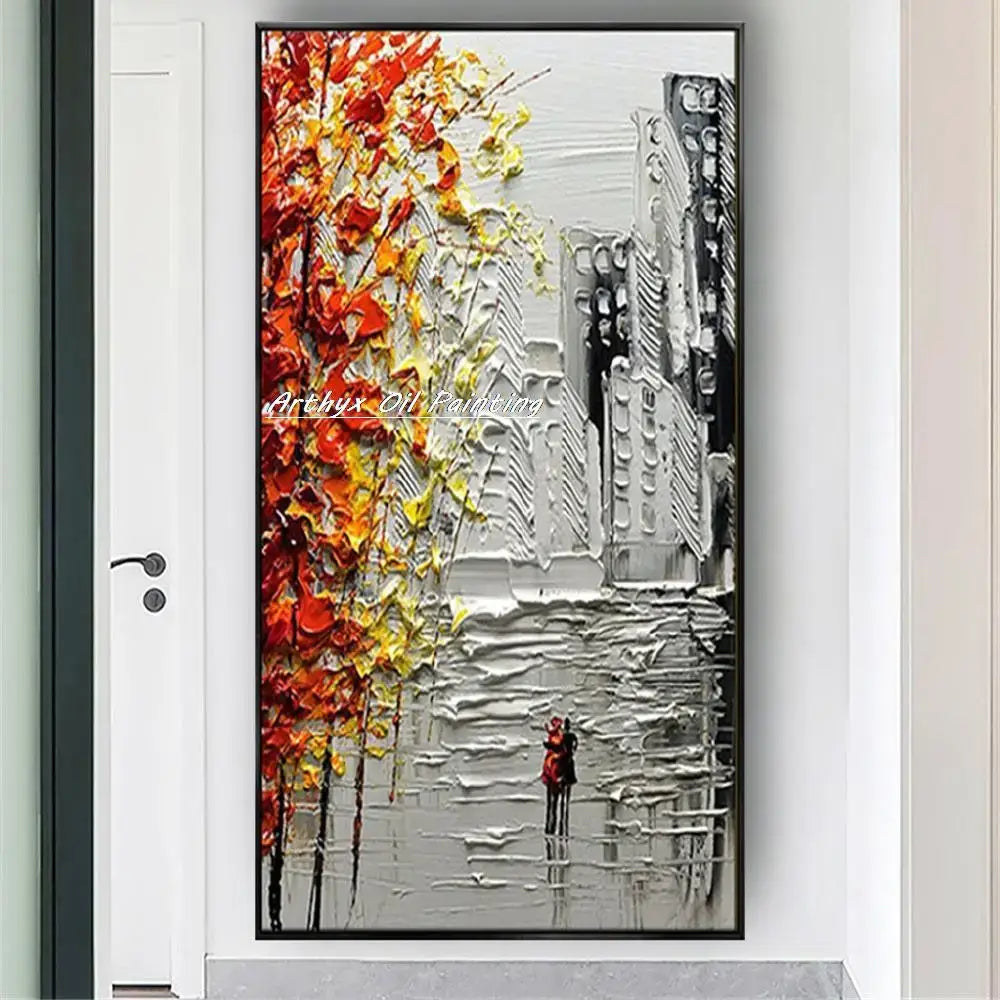 Decorbites handmade abstract city oil painting featuring vibrant autumn tree and textured monochrome cityscape wall art