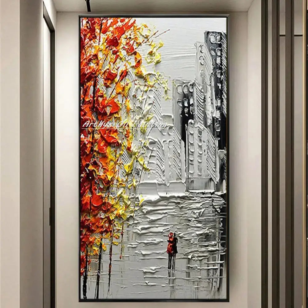 Decorbites™ handmade abstract city oil painting with vibrant orange and yellow autumnal tree in a monochrome city landscape