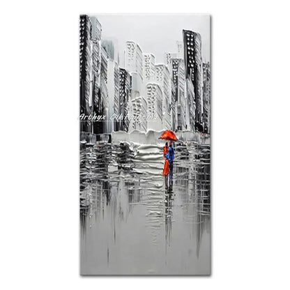 Decorbites™ handmade abstract city oil painting with vibrant red umbrella in grayscale city landscape wall art