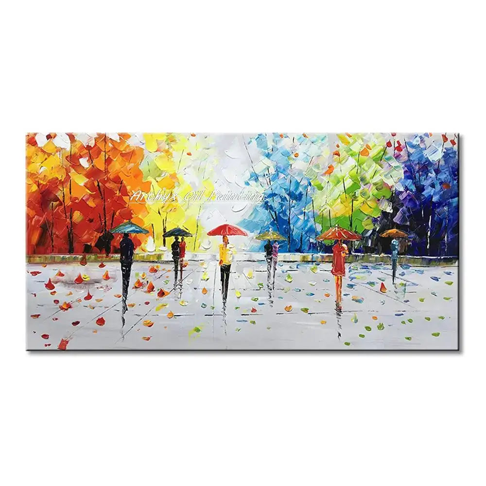 DecorBites™ handmade abstract city oil painting with vibrant umbrellas and autumn trees in bold orange and blue hues