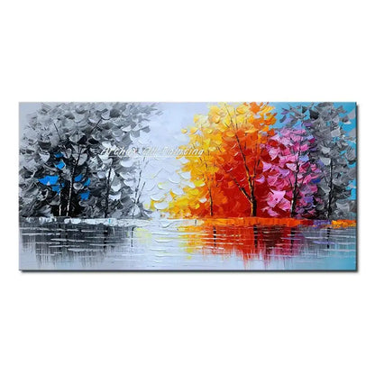 DecorBites™ handmade abstract city oil painting with bold orange pink and gray textured trees reflecting on water surface