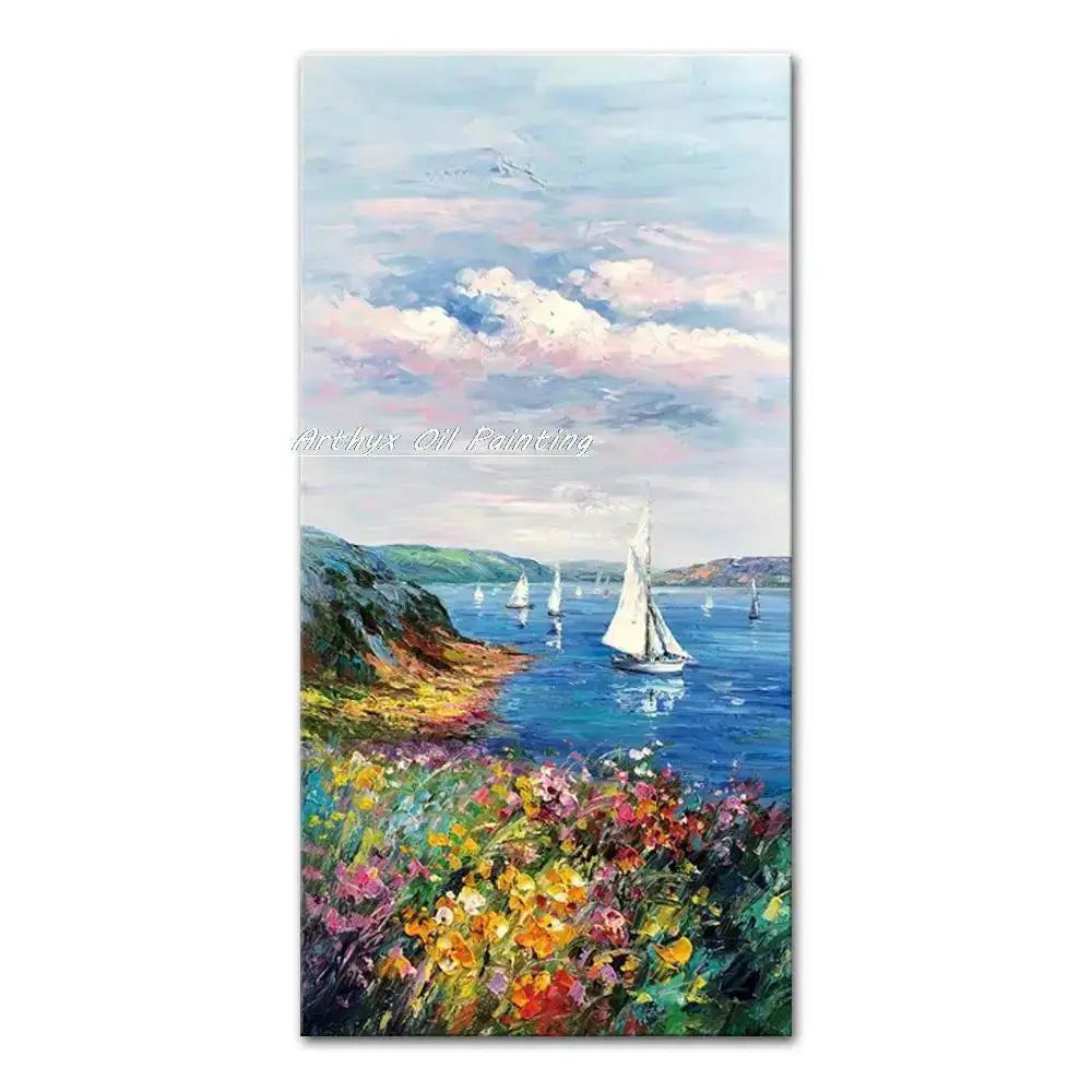 DecorBites™ handmade abstract city oil painting of a coastal city landscape with sailboats and wildflowers