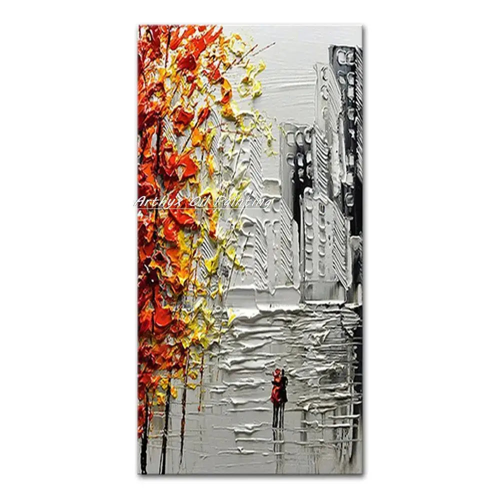DecorBites™ handmade abstract city oil painting features a vibrant autumnal tree beside a textured city landscape