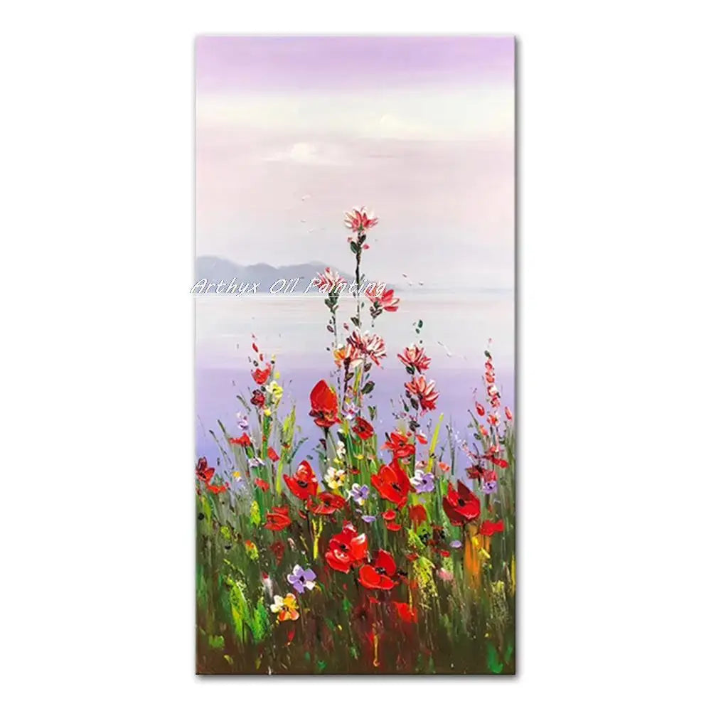 DecorBites™ handmade abstract city oil painting features vibrant red and purple wildflowers in a city landscape