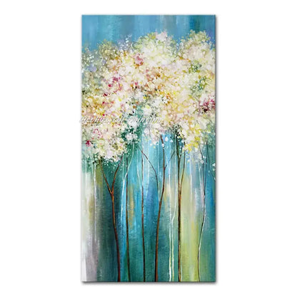 Decorbites™ handmade abstract city oil painting with stylized trees in cream and pink on teal city landscape background