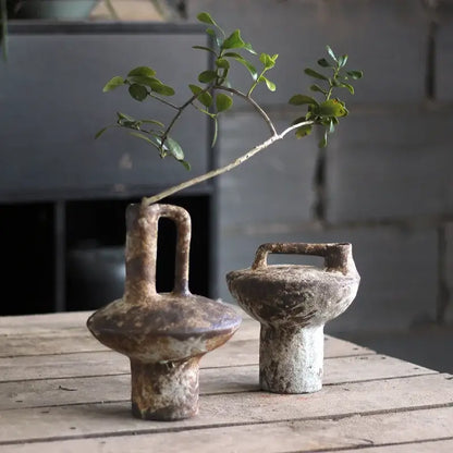 Two rustic pottery vases with handles in earthy brown and gray glazes for dried flowers by decorbites ceramic vase