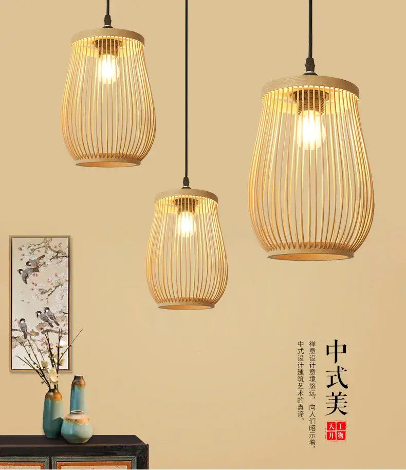 Three hanging pendant lights with warm glowing bulbs and natural chinese rattan wicker design by decorbites