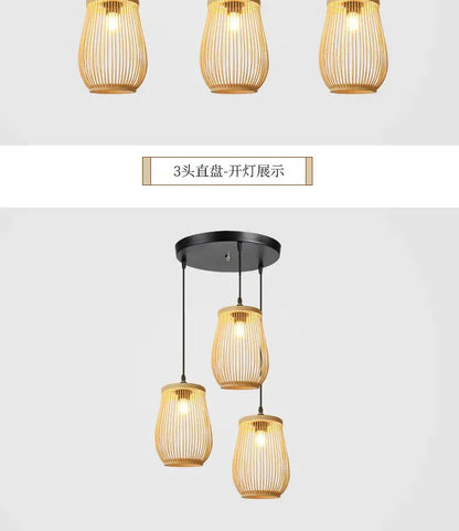 Decorbites™ handmade chinese rattan wicker three-head pendant light with warm woven shades and black metal mount