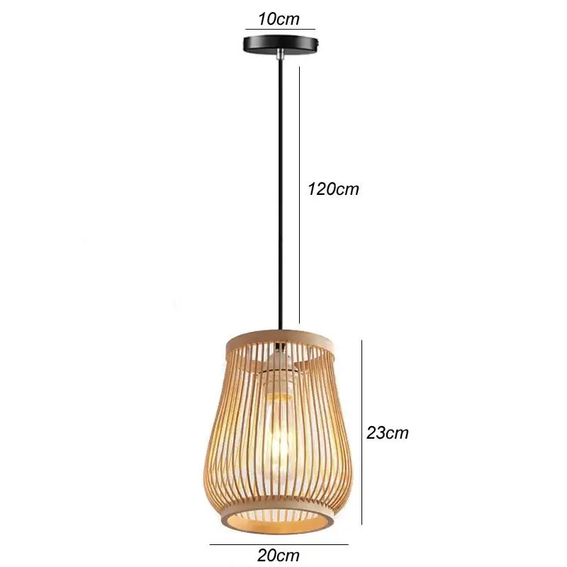 A warm-toned chinese rattan wicker pendant ceiling light with a sleek black metal chain by DecorBites