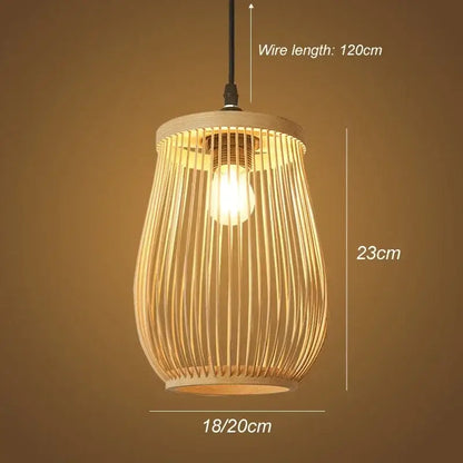DecorBites™ warm-toned chinese rattan wicker pendant light with vertical slats and exposed bulb inside circular wooden top