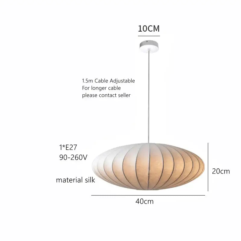 DecorBites™ handmade japanese style silk chandelier with beige pleated silk shade and silver metal cable pendant light